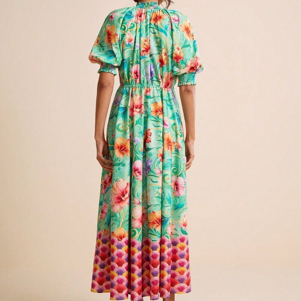 Green & Fuchsia Boho Women's Floral Print Collar Puff Sleeve A-Line Dress - Picture 2 of 7